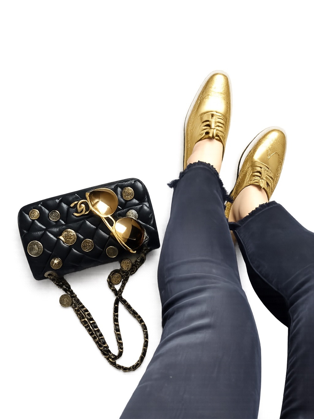 Prada Gold Metallic Platform Brogue Oxfords 37.5 Creeper Shoes W Box Dust Bag